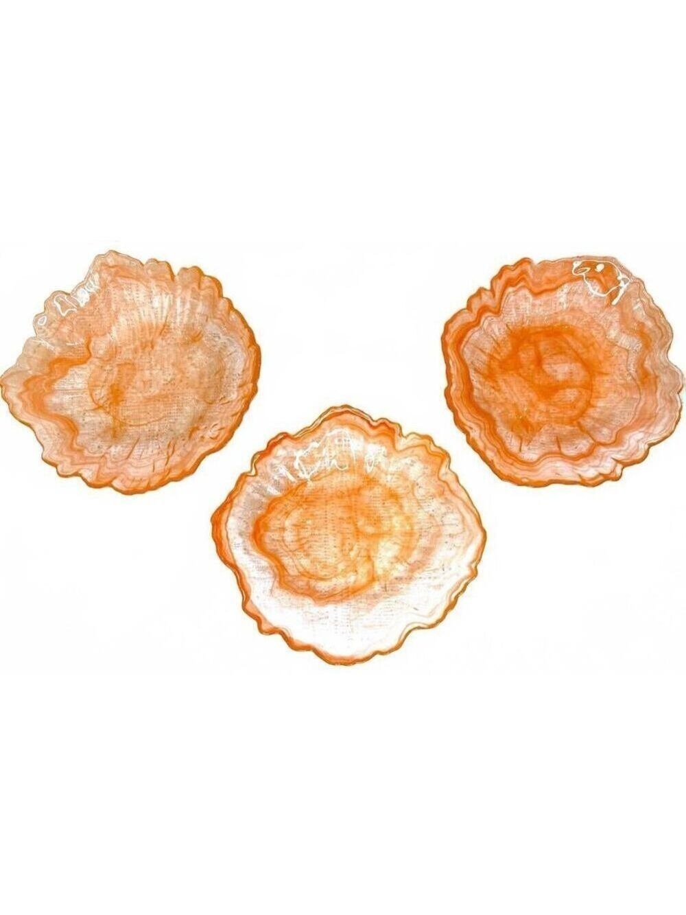Set of 3 Art Deco Style Orange Swirl Glass Bowls Scalloped Rim Translucent